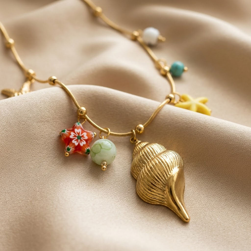 Gold Sea Charm Beach Wear Necklace Ocean Conch & Starfish Beach Jewelry