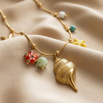 Gold Sea Charm Beach Wear Necklace Ocean Conch & Starfish Beach Jewelry