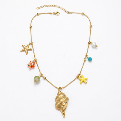 Gold Sea Charm Beach Wear Necklace Ocean Conch & Starfish Beach Jewelry