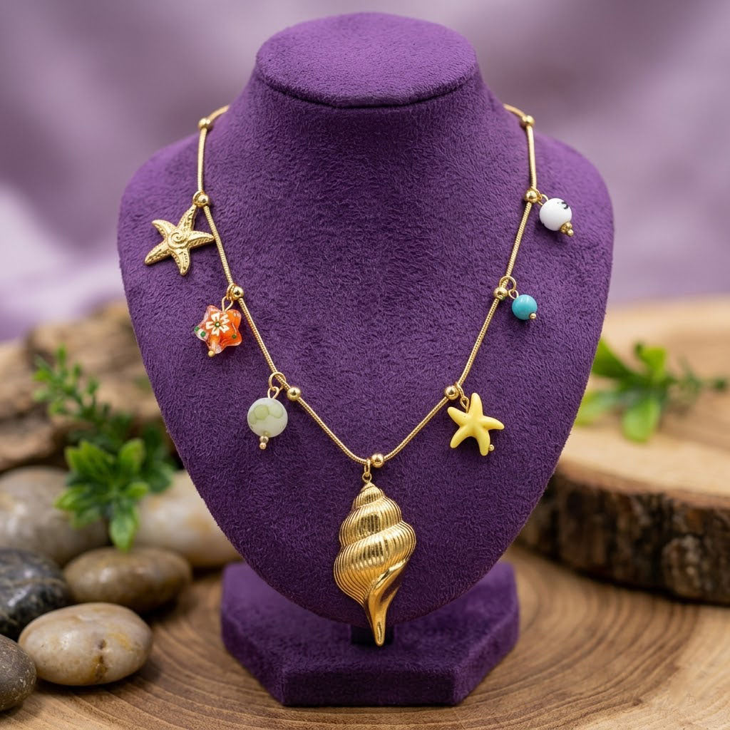 Gold Sea Charm Beach Wear Necklace Ocean Conch & Starfish Beach Jewelry