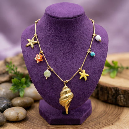 Gold Sea Charm Beach Wear Necklace Ocean Conch & Starfish Beach Jewelry