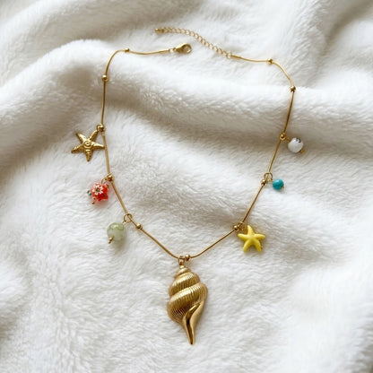 Gold Sea Charm Beach Wear Necklace Ocean Conch & Starfish Beach Jewelry