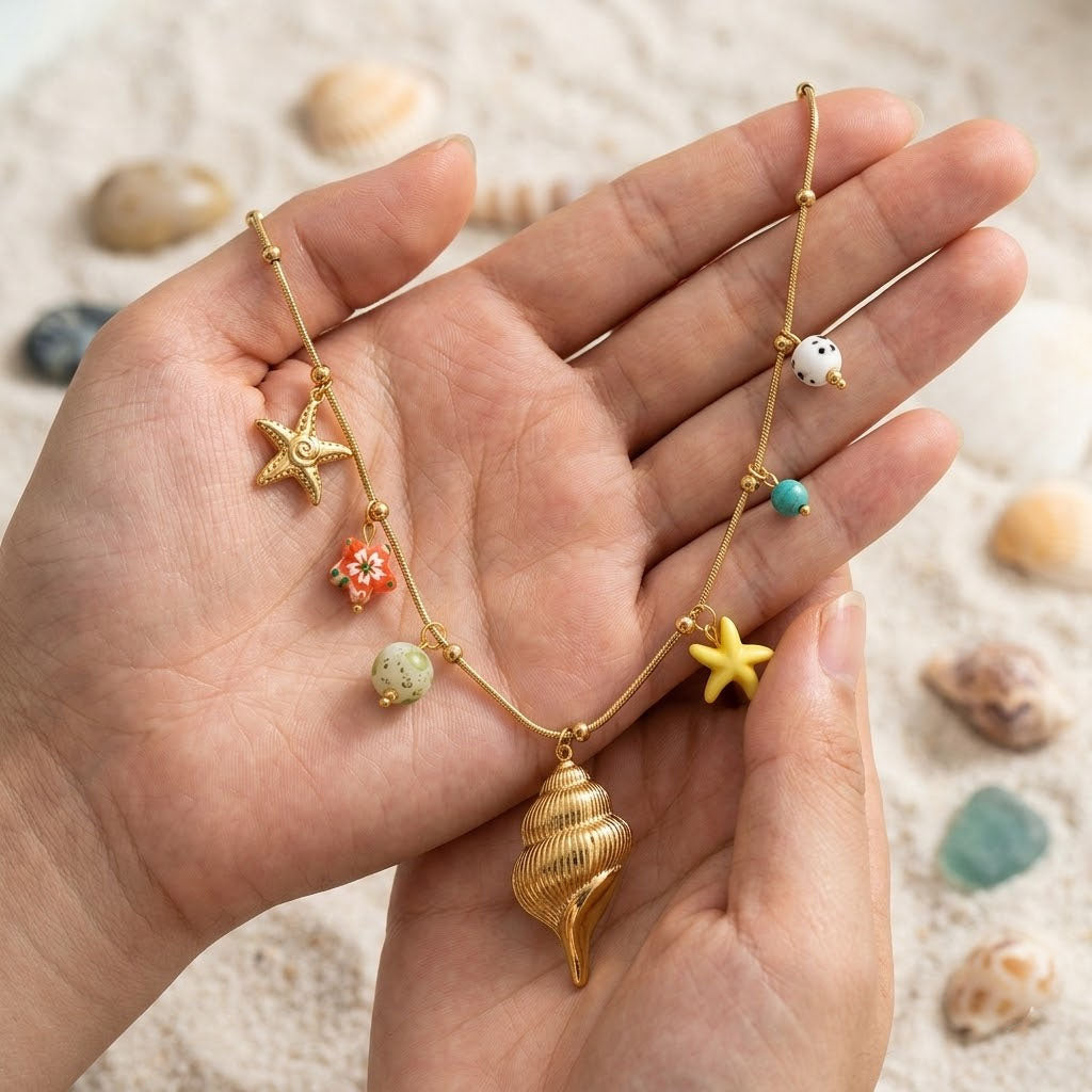Gold Sea Charm Beach Wear Necklace Ocean Conch & Starfish Beach Jewelry