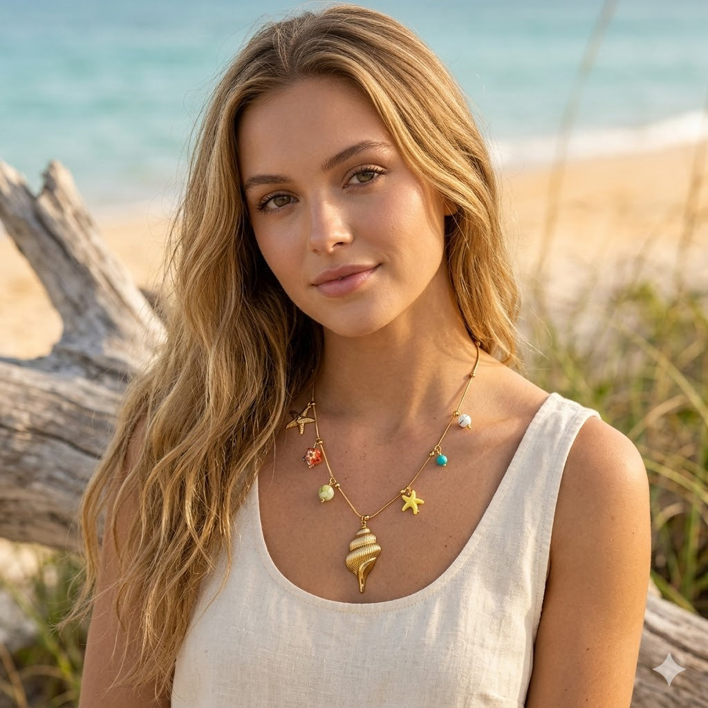 Woman wearing a necklace with seashell pendant on a beach