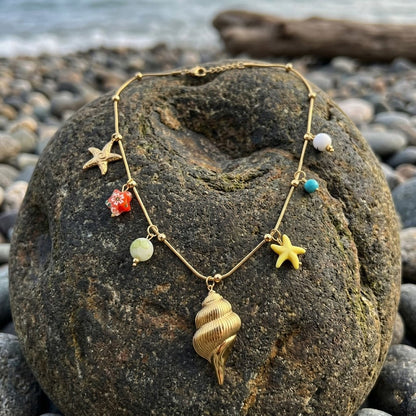 Gold Sea Charm Beach Wear Necklace Ocean Conch & Starfish Beach Jewelry
