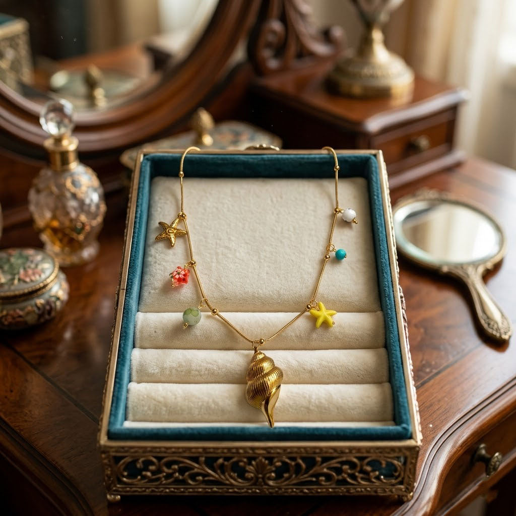 Gold Sea Charm Beach Wear Necklace Ocean Conch & Starfish Beach Jewelry