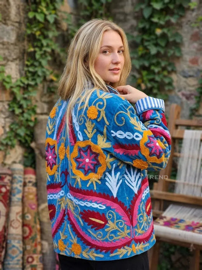 Handmade Women Floral Suzani Velvet Jacket Blue Bohemian Embroidered Blazer Handicraft Trend