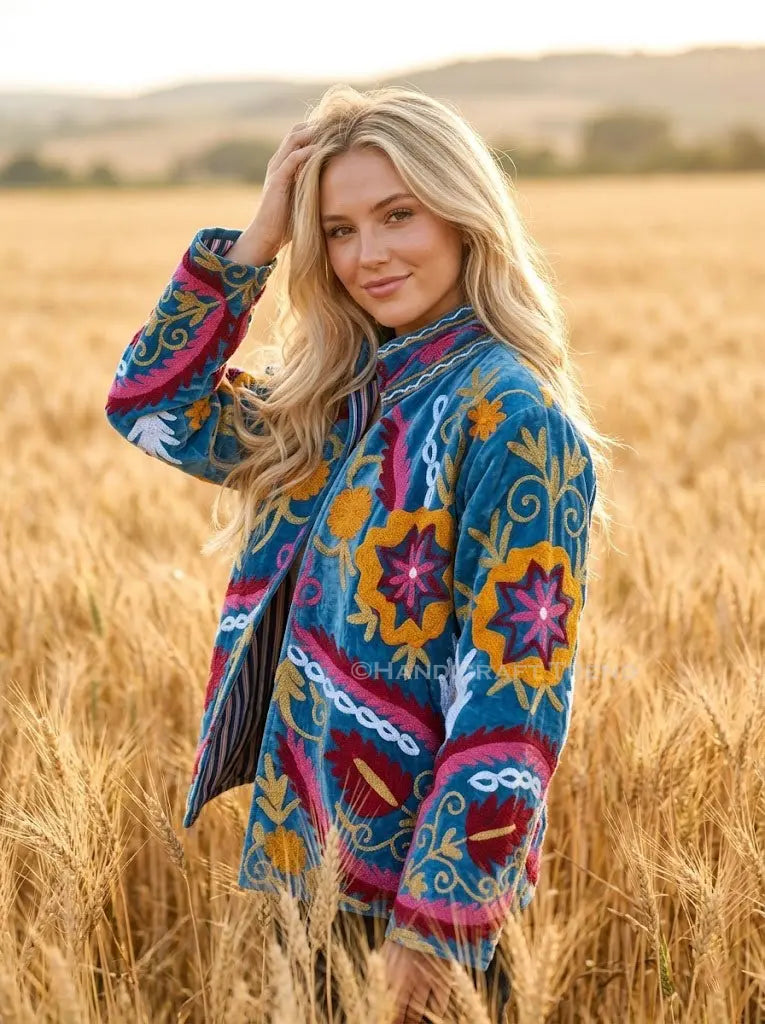 Handmade Women Floral Suzani Velvet Jacket Blue Bohemian Embroidered Blazer Handicraft Trend