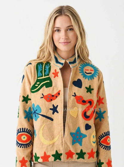 Handmade Suzani Embroidered Snake Mustard Jacket Boho Velvet Front Open Biker West Handicraft Trend