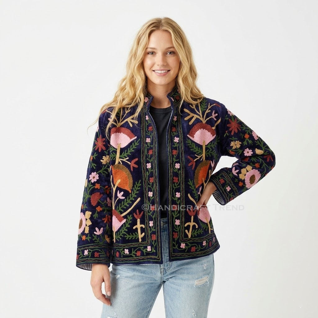Women's Floral Suzani Embroidered Boho Jacket Blue Stylish Casual Wear