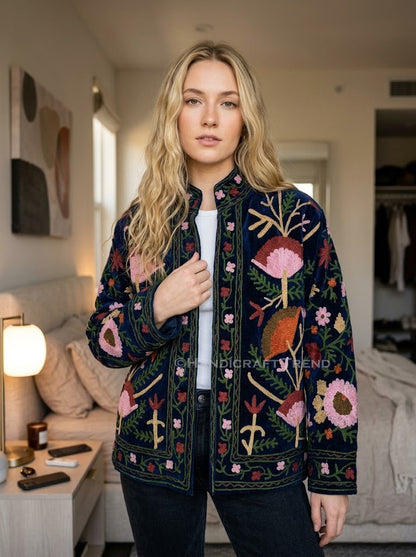 Women's Floral Suzani Embroidered Boho Jacket Blue Stylish Casual Wear