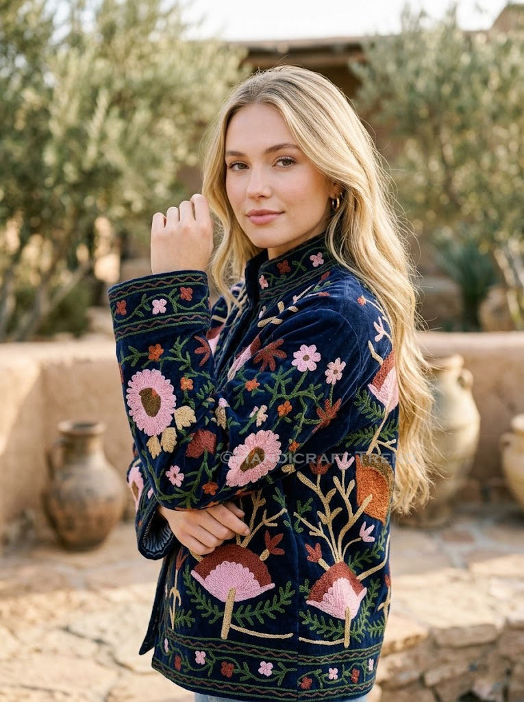 Women's Floral Suzani Embroidered Boho Jacket Blue Stylish Casual Wear