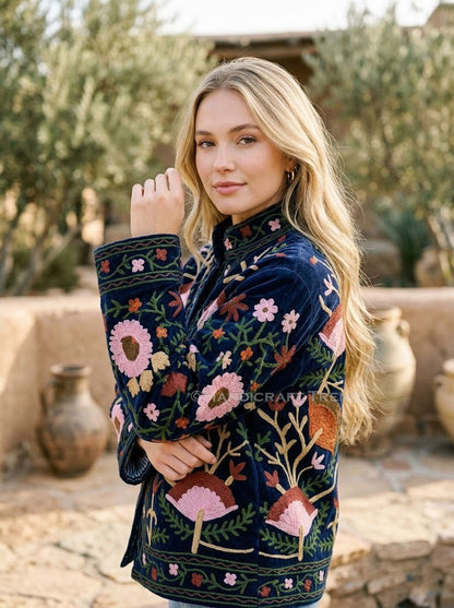 Women's Floral Suzani Embroidered Boho Jacket Blue Stylish Casual Wear