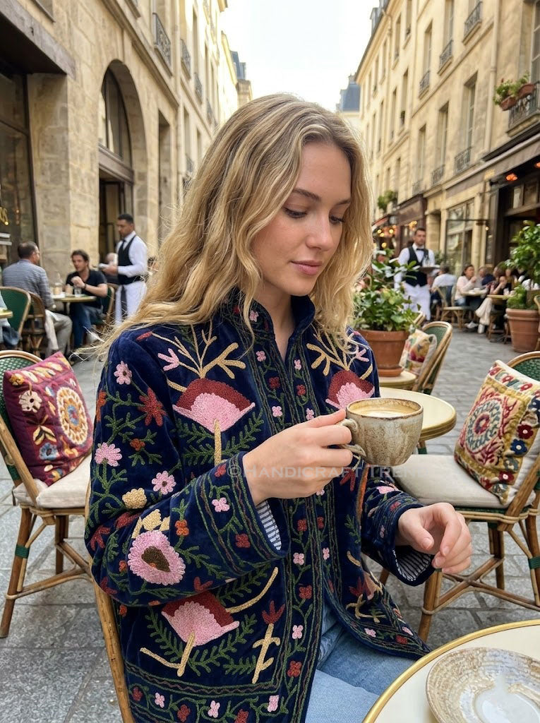 Women's Floral Suzani Embroidered Boho Jacket Blue Stylish Casual Wear