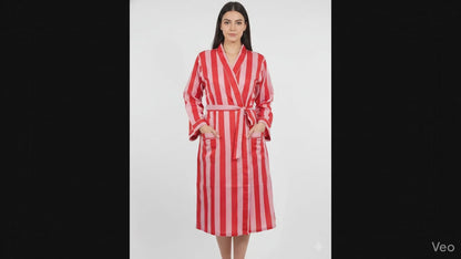 Stripe Print Bathrobe Cotton Kimono Robe Women Beach wear Red Ethnic Summer Beach Cover up